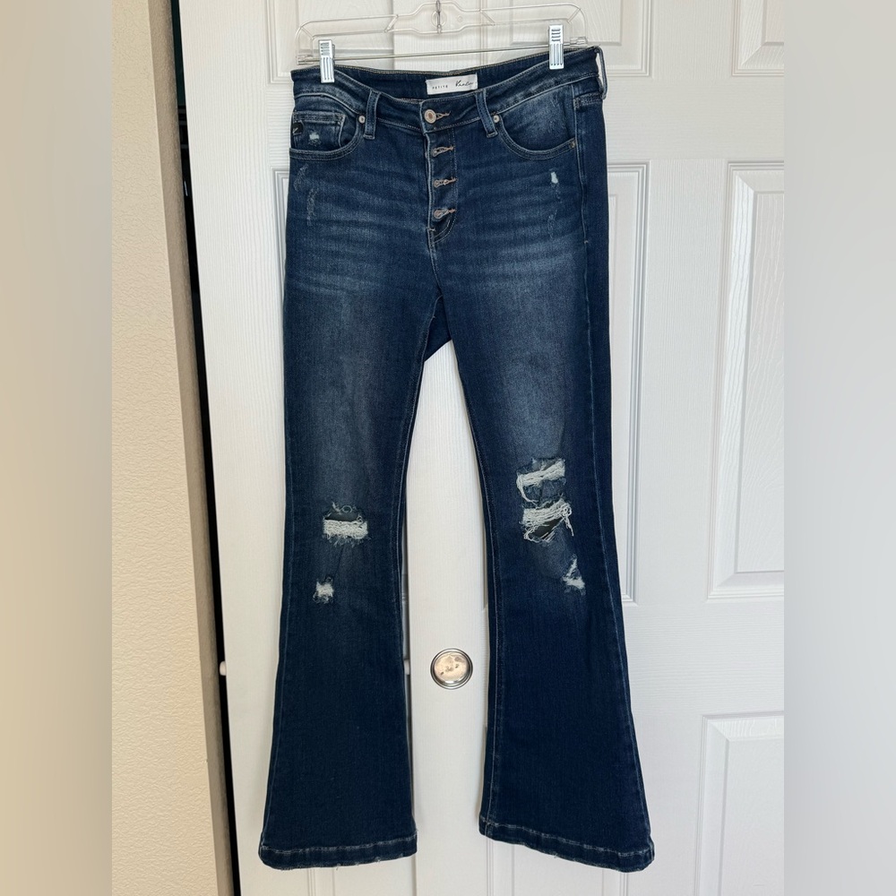 KanCan Dark mid rise Blue Distressed Flare Jeans